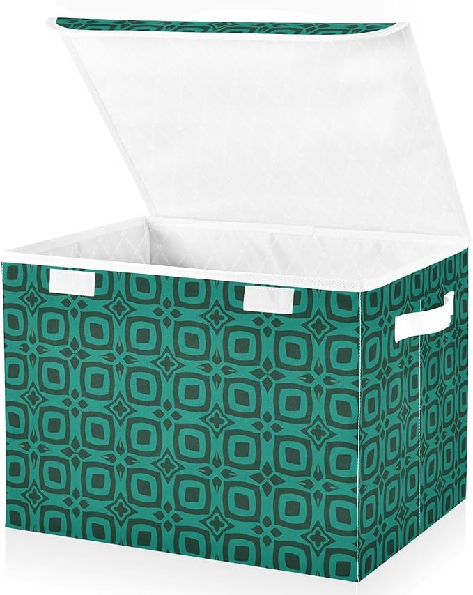 Teal Geometric Pattern Lidded Storage Bins with Handles - 16.5x12.6x11.8 Foldable Organizing Box Oxford Fabric &amp Honeycomb Board Dust-Proof Flip Lid for Closet/Office
