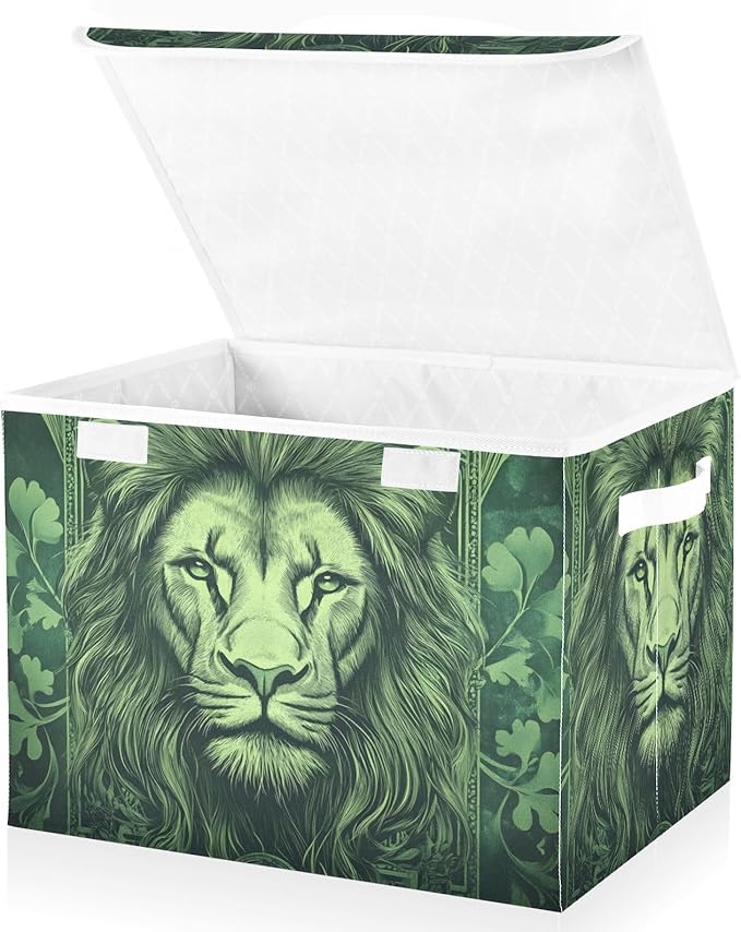 Storage Cube with Lid Green Leaves Lion Print 16.5×12.6×11.8 IN Collapsible Large Capacity Foldable Storage Basket Bin Organizer