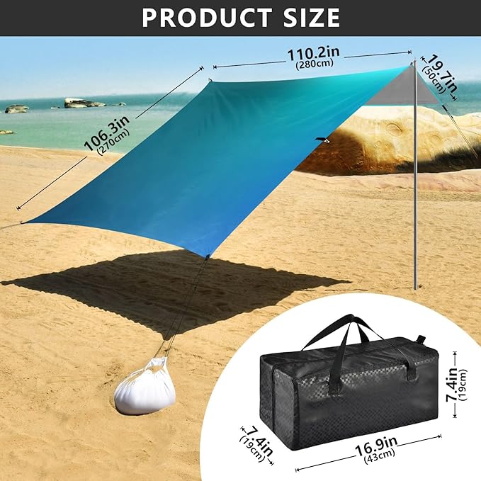 Astract Gradient Blue Shiny Beach Cabana UPF50 Easy Setup Portable Sun Shelter Includes Sand Shovel Sandbags Stability Poles for Camping Picnics Backyard