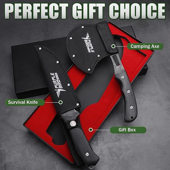 PURPLEBIRD Outdoor Axes &amp Fixed Blade Knife Set - Full Tang Camping Hatchet and Hunting Knife with Sheath Lightweight Small Hand Axe &amp Survival Knives Set with Wood Handle for Men