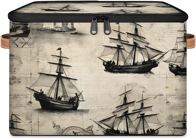 Storage Bins with Lids Retro Ship Storage Basket Clothes Organizer with Handles Closet Storage Containers for Clothing Bedding Blanket