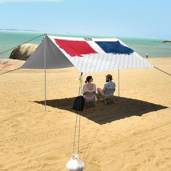 Dominican Republic Flag National Beach Tent UPF50+ Protection Water-Resistant Shade Sun Shelter with Sturdy Poles Sandbags and Shovel for Camping Fishing Backyard Fun
