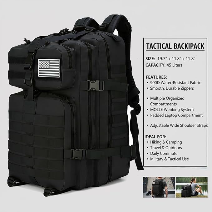 45L Military Tactical Backpack for Men &amp Women Bug Out Bag Assault pack Molle Daypack Hiking Trekking Rucksack(45L black)