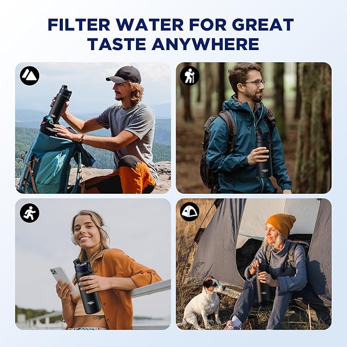 Membrane Solutions C3 Filtered Water Bottle 32oz Stainless Steel Water Bottle with Replaceable UF+ACF Filter Cartridge Portable Water Filter Travel Hiking &amp Camping for Drinking Water