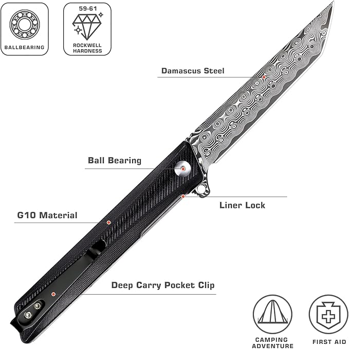 REMETTE Damascus Pocket Knife GD22K Flipper Open Tanto Blade Damascus Steel Folding Pocket Knives with Pocket Clip G10 Handle Men Women Sharp EDC Pocket Knife Camping Hiking Gift