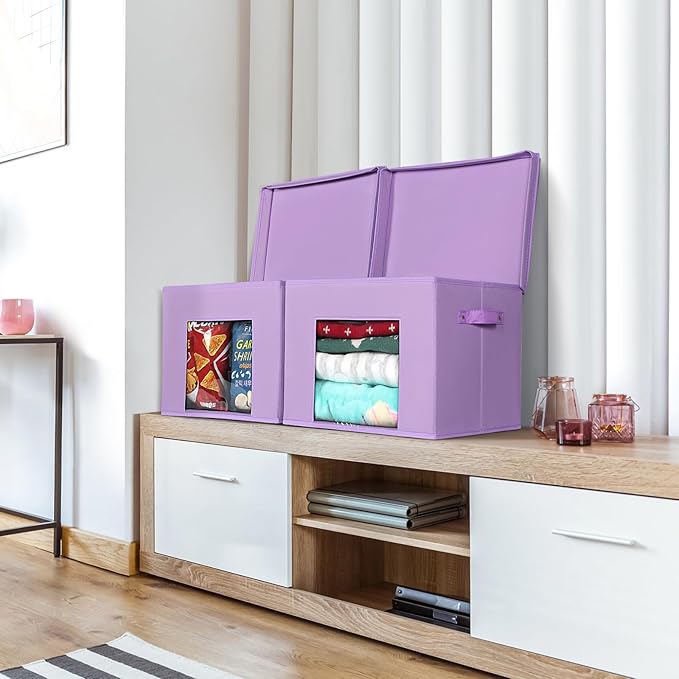 Univivi Foldable Fabric Storage Boxes Large Storage Bins with Lids [4-Pack] Collapsible Storage Cubes Organizer Containers Organization Baskets for Home Bedroom Closet (Purple 17“ x 12” x 12)