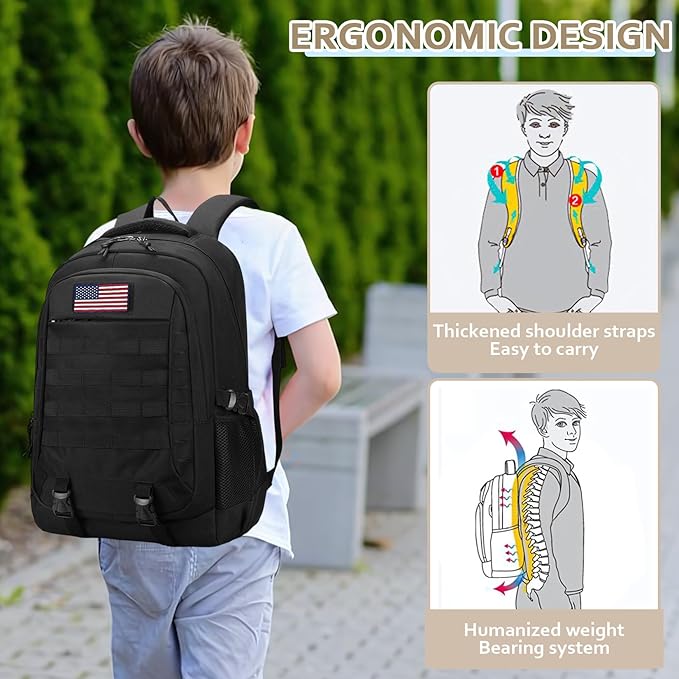 Backpack for Boys 3 in 1 Set 19 Inch 55L Bookbag with Insulated Lunch Box Pencil Case Molle School Backpack for Kids Teens Outdoor Hiking Trekking Camping Travel for Elementary Middle High School