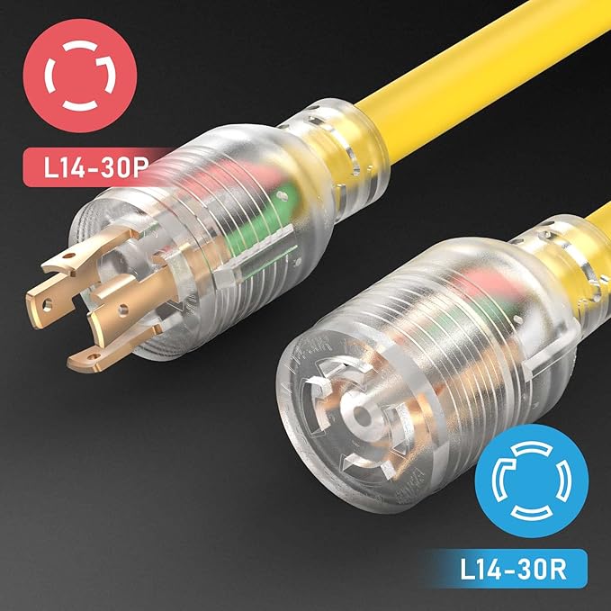 TOOLIOM 30 Amp Generator Cord L14-30P/L14-30R Generator Extension Cord UL Listed Heavy Duty Generator Power Cord 125/250V 7500W 10 AWG SJTW RV Extension Cord with Lighted Power Indicator (75FT)