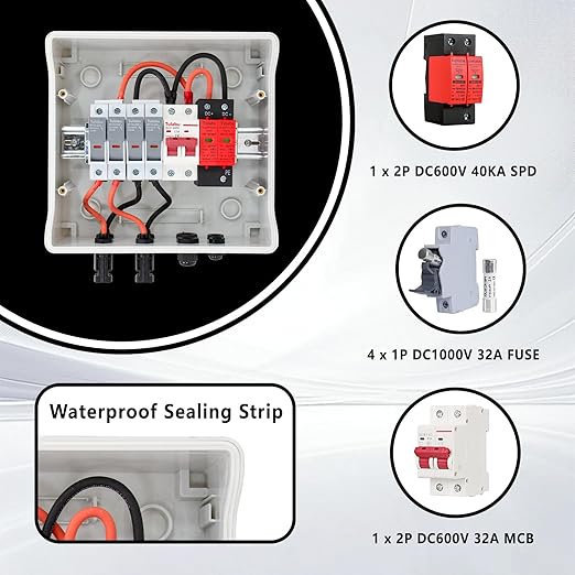 DC600V Solar Combiner Box IP65 2-In-1-Out 32A Circuit Breaker with Surge Protector&amp Fuse PV Combiner Box IP65 Waterproof Enclosure for Solar Panel Systems