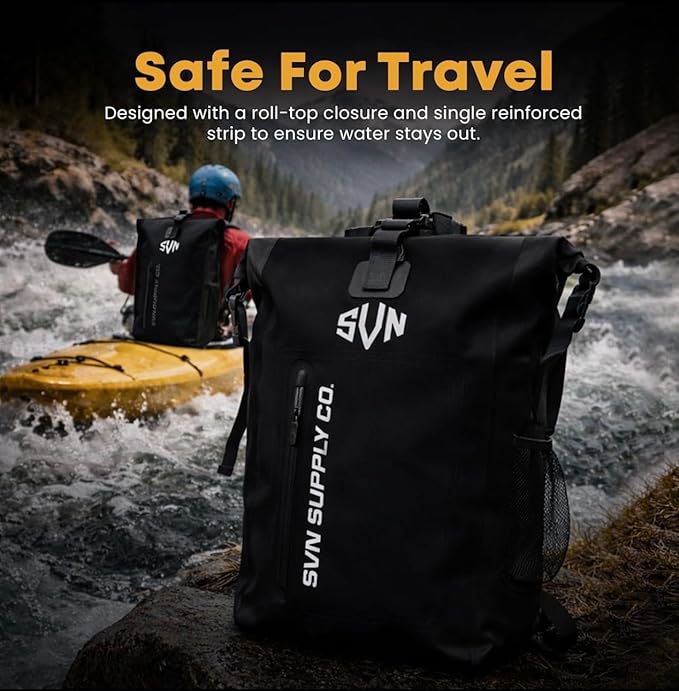SVN Supply Co. Heavy-Duty Waterproof Backpack – Roll-Top Dry Bag for Hiking Kayaking Camping &amp Outdoor Adventures – Padded Shoulder Straps (Black)