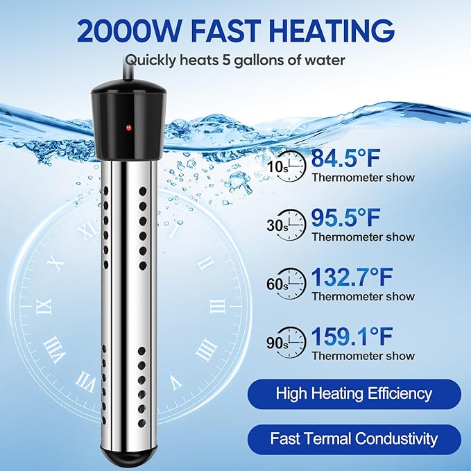6000mAh Portable Shower for Camping with 2000W Immersion Water Heater – Rechargeable Camp Shower Pump 4-Mode Filtered Head LED Display Outdoor Camping Shower Kit for Travel Pets &amp Car Washing