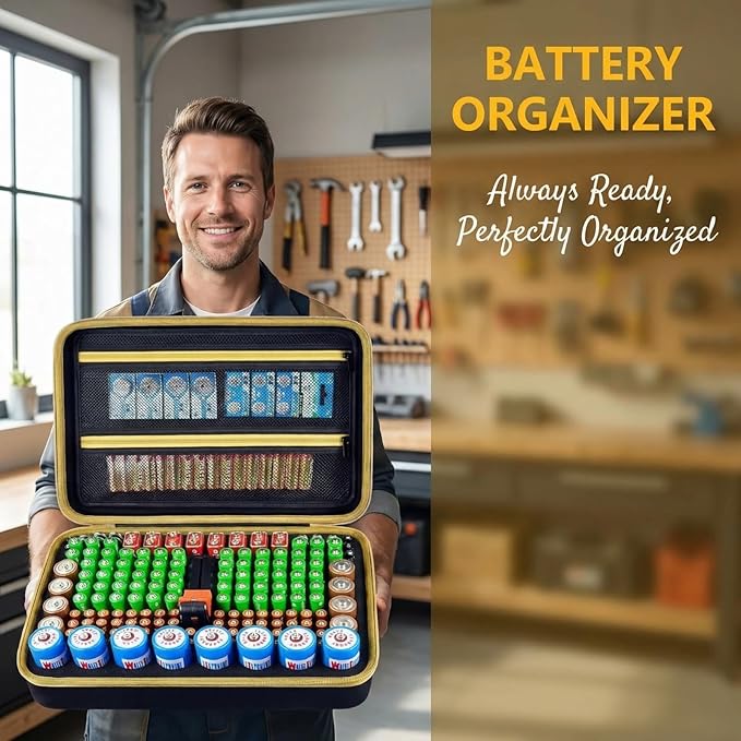 Boobowl Battery Organizer Case with Tester - Universal Storage Box for 162+ AA AAA C D 9V Batteries- Fire-Preventive Foam Design for Home Emergency &amp Garage Organization (Black)