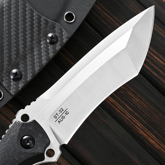 Sitivien ST32 Fixed Blade Knife AUS-10 Steel Ergonomic Carbon Fiber Handle Full Tang Knife for Outdoor Working Camping Hunting Fishing(Silver)