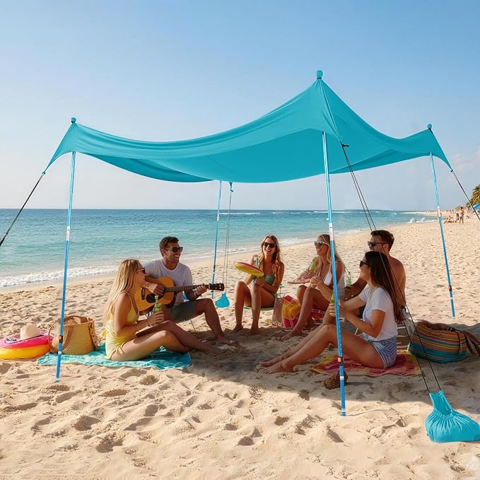 CROWN SHADES 10x10 Beach Tent Sun Shelter Easy Pop Up Beach Canopy Shade Portable Outdoor Carpas UPF50+ Includes 4 Poles Adjustable Aluminium Extra-Large Big Sand Shovel Turquoise