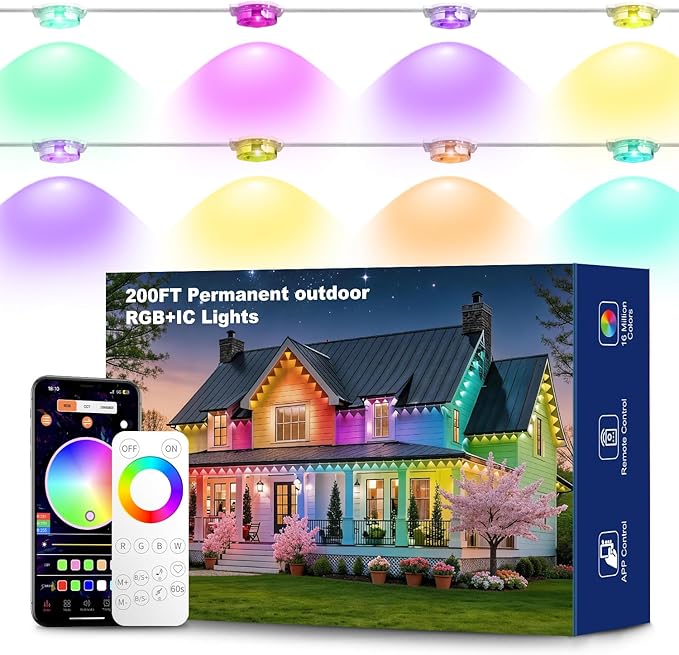 Permanent Outdoor Lights RGB Smart IC 200FT/100LEDs Decor IP68 Waterproof Music Sync with Remote&ampAPP Control Suitable for Holiday Decoration Christmas Lights Garden Party Decor Deck