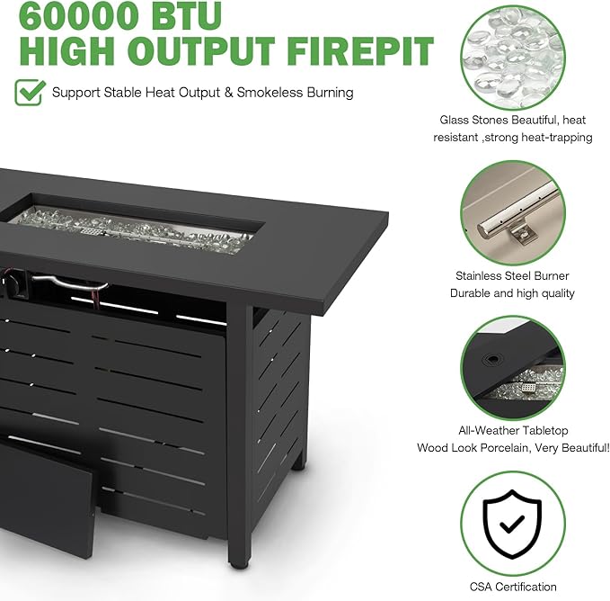 Hykolity 42 Inch Gas Fire Pit Table 60000 BTU Propane Pits for Outside with Steel Lid and Waterproof Cover 2 in 1 Firepit Table Gatherings Parties on Patio Deck Garden Backyard Black