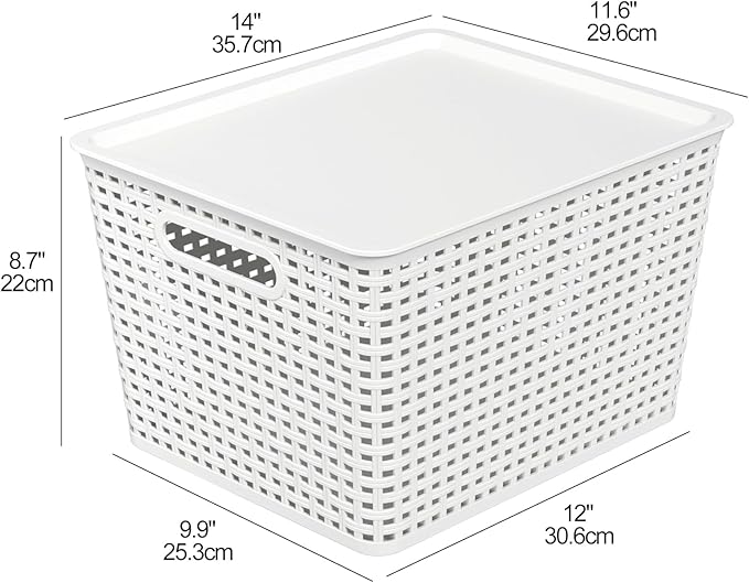 Begale White Plastic Storage Baskets with Lids 14 x 11.6 x 8.7 6 Packs Stackable Storage Bins Containers for Organizing