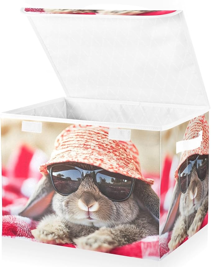 Storage Cube with Lid Rabbit on Beach Print 16.5×12.6×11.8 IN Collapsible Large Capacity Foldable Storage Basket Bin Organizer