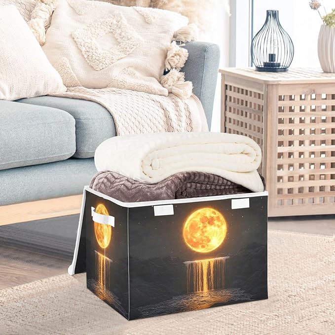 Storage Cube with Lid Golden Moon Print 16.5×12.6×11.8 IN 1 Pack Collapsible Large Capacity Foldable Storage Basket Bin Organizer