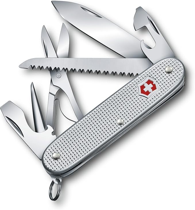 Victorinox Farmer X Alox Swiss Army Knife 10 Function Swiss Made Pocket Knife with Large Blade Wood Saw Bottle Opener and Reamer - Silver