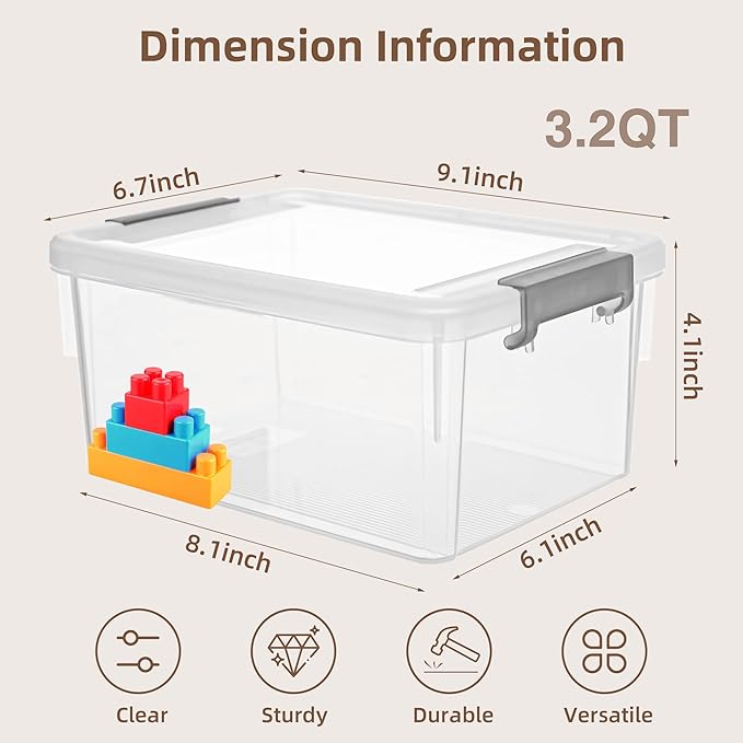 Anywish Small Storage Bins with Lids 3.2 QT Plastic Storage Containers for Organizing Stackable Clear Storage BoxesClear White(6 Packs)
