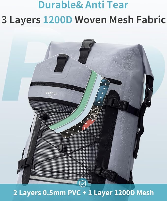 ECOHUB Waterproof Backpack for Women Men 30L Roll-Top Closure Heavy Duty Dry Bag for Travel with IPX8 Waterproof Phone Case
