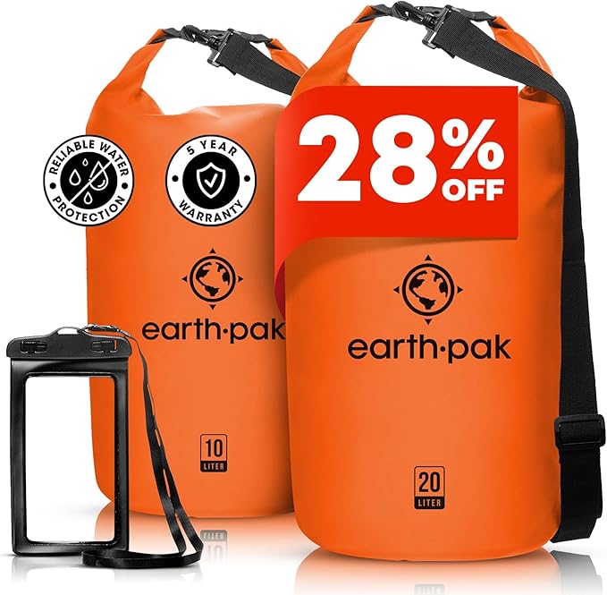Earth Pak Waterproof Dry Bag - Roll Top Waterproof Backpack Sack Keeps Gear Dry for Kayaking &amp Fishing with Phone Case (Orange 10L &amp 20L)