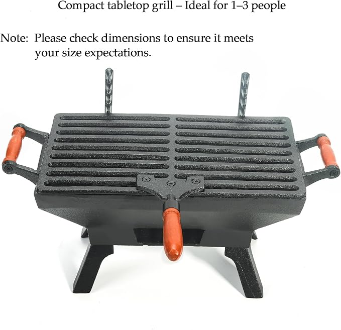 Sungmor Compact Cast Iron Charcoal Grill - Tabletop BBQ Grill with Adjustable Grate &amp Wooden Handles 12” x 7” Ideal for 1-3 People - Portable Heavy-Duty Grill for Camping Balcony &amp Small Spa