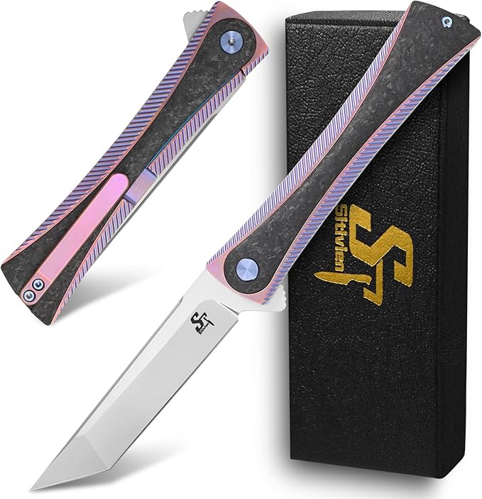 Sitivien ST994 Folding Knife Handmade M390 Brushed Steel Blade Titanium Carbon Fiber Handle with Ball Bearing for Outdoor Camping Hiking Survival (Pink)