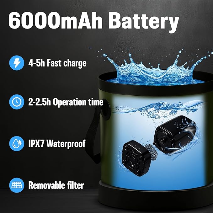 Portable Camping Shower 6000mAh Rechargeable Shower Pump Large Capacity Foldable Bucket 6' 7 Filtered Shower Head Summer Beach Outdoor Camp Showering Hiking Pet Bath RV Car Wash Water Plant