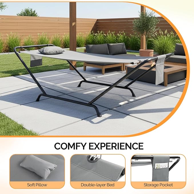 ONCLOUD Freestanding Hammock with Stand 600LBS Heavy Duty Outdoor Hammock Cofy Outdoor Hammock with Stand Hammock Bed for Yard Deck Patio Hammock with Soft Pillow &amp Storage Bag (Grey)