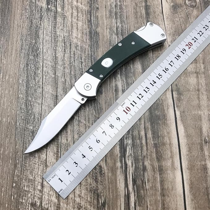 push button assisted opening Folding Knife440C Stainless Steel Blade Backlock G10 Handle with Leather Sheath EDC Pocket Knives for Men (Green)