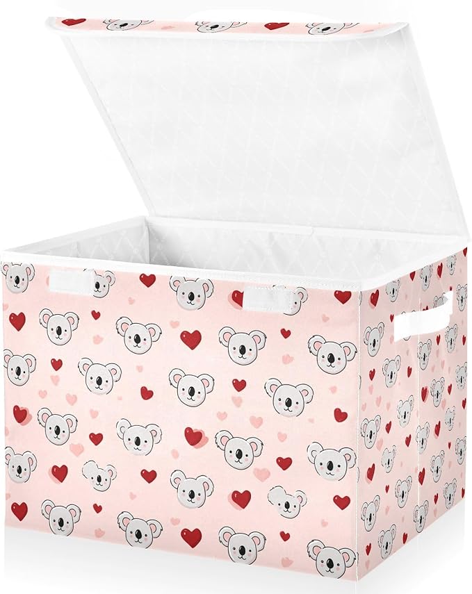 Pink Valentine Koala Hearts Storage Box with Lid 1 PC Foldable Storage Bin with Lids Stackable Storage Bins Cube Closet Organizer Basket with Flip-Top Lid &amp Handles for Shoes Books Towels