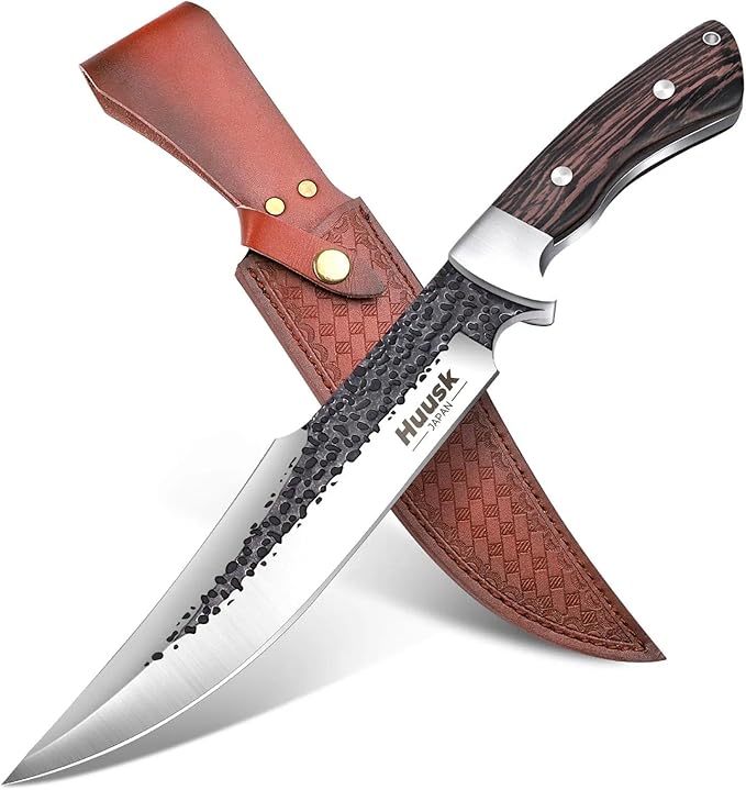 Huusk Fixed Blade Bowie Knife - 8 Hunting Knife with Sheath Full Tang Survival Knives with Ergonomic Wood Handle Outdoor Bushcraft Knives for Camping Hiking Fishing BBQ Christmas Gifts for Men