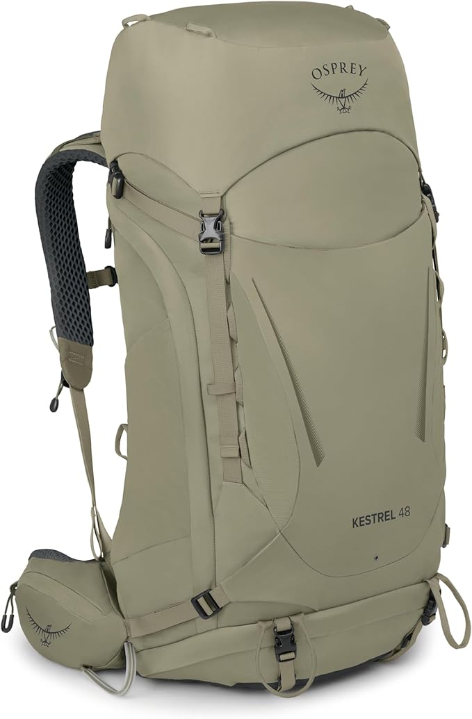 Osprey Kestrel 48L Men's Backpacking Backpack - Hiking &amp Camping Bag with Waterproof Raincover Olive Tan Large/X-Large