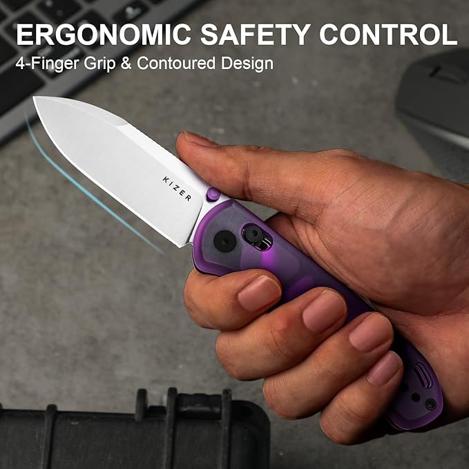 Kizer Drop Bear EDC Pocket Knife 2.97” Nitro-V Blade Purple PC Folding Knife with Thumb Stud Opener Lightweight Clutch Lock Camping Hunting Knife for Men Women Gift V3619M2