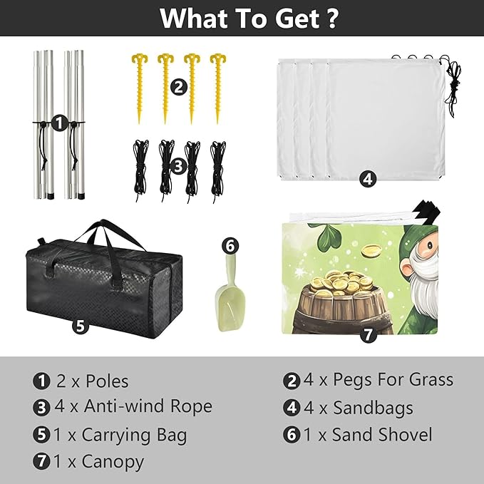 St. Patrick's Day Beach Canopy Sun Shelter with Sandbags &amp Sand Shovel &amp Windproof Ropes - Portable 110x126 Beach Shade Beach Tent for Camping Picnics