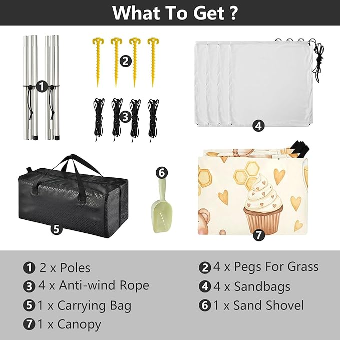 Honey Bear Beach Canopy Sun Shelter with Sandbags &amp Sand Shovel &amp Windproof Ropes - Portable 110x126 Beach Shade Beach Tent for Camping Picnics