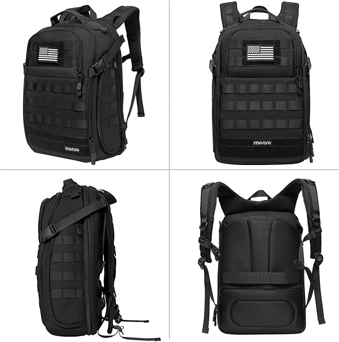 MOSISO Tactical Backpack 2-Layer Military Daypack 3 Day Assault Pack Rucksack Outdoor Hiking Hunting Camping Training Travel Shoulder Bag with Trolley Belt &amp USA Flag Patch Black