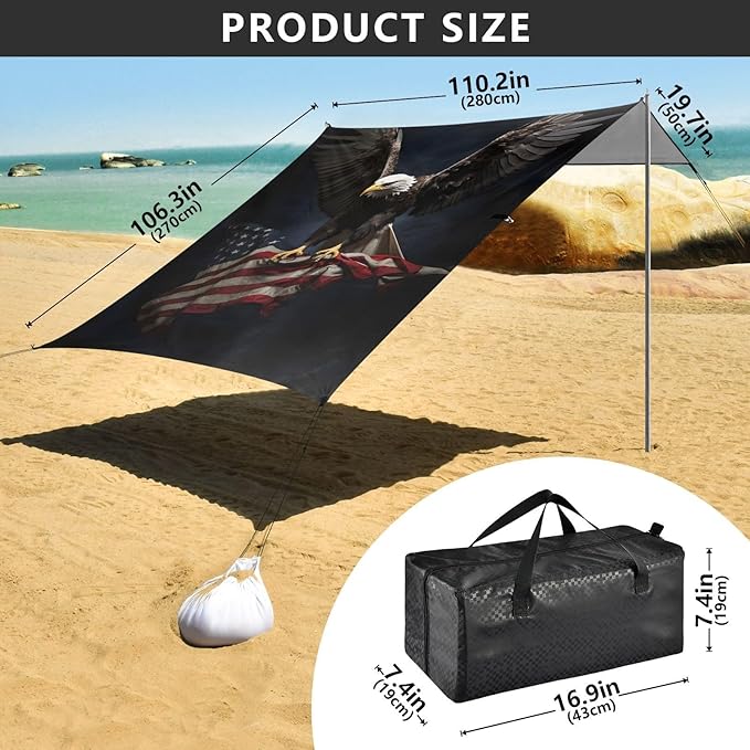 ALAZA USA America Flag Eagle Beach Tent Sun Shelter UPF50+ Protection Beach Shade Canopy w/ 4 Sandbags for Outdoor Camping Fishing Backyard Fun Picnic 10x9 ft