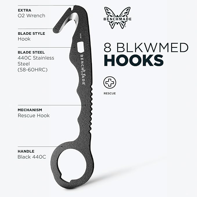 Benchmade - Hook Safety Cutter and O2 Wrench for Rescue and Tactical Use with Black 440C Handle (8 BLKWMED)