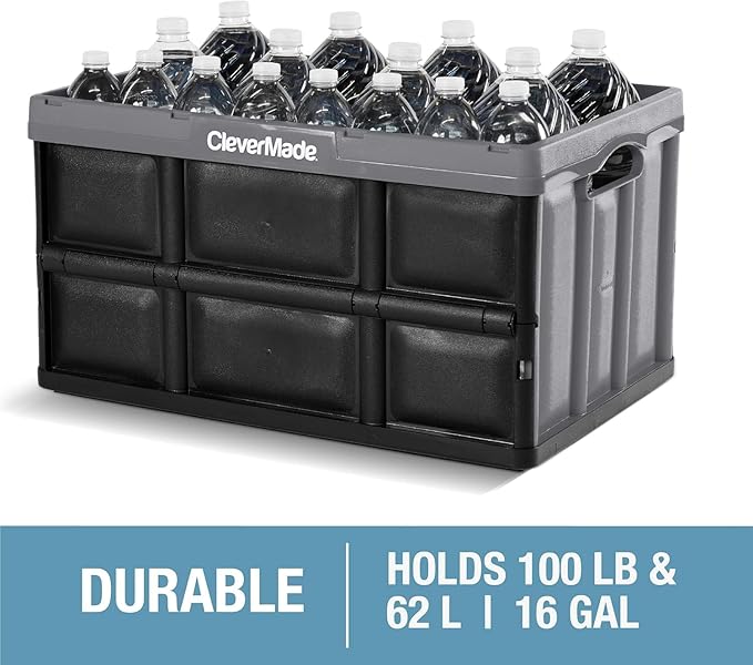 CleverMade Collapsible Storage Bins 62L (3-Pack) – Heavy Duty Collapsible Plastic Storage Bins Large Stackable Folding Storage Bins for Garage Car Grocery &amp Home Organization - Ocean