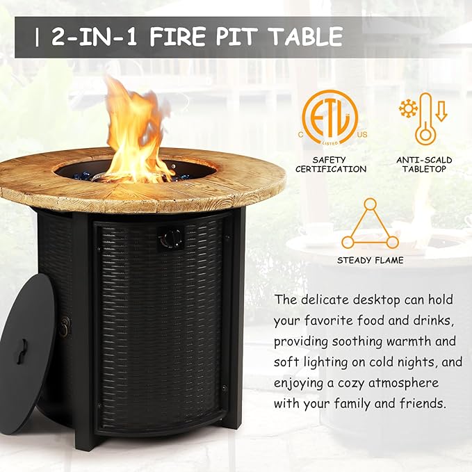 30 Inch Round Propane Fire Pit Table50000 BTU Iron Gas Fire Pit with LidIgnition Systemsw/Glass Stones and Rain CoverOutdoor Firepit Table for Patio &amp Deck