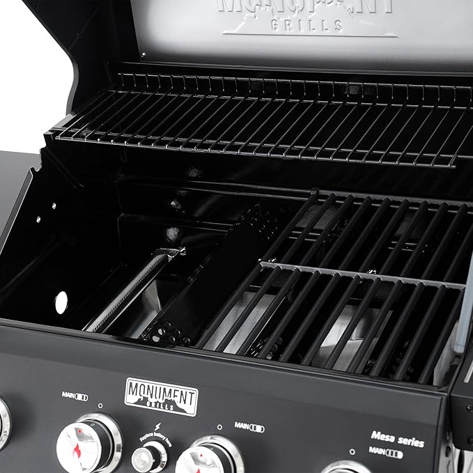 Monument Grills 4-Burner Liquid Propane Gas Grill Matte Black Stainless Steel Burner Grill with Clearview® Lid and One Foldable Shelf for Outdoor Cooking Kitchen Patio Backyard Barbecue Mesa420MF