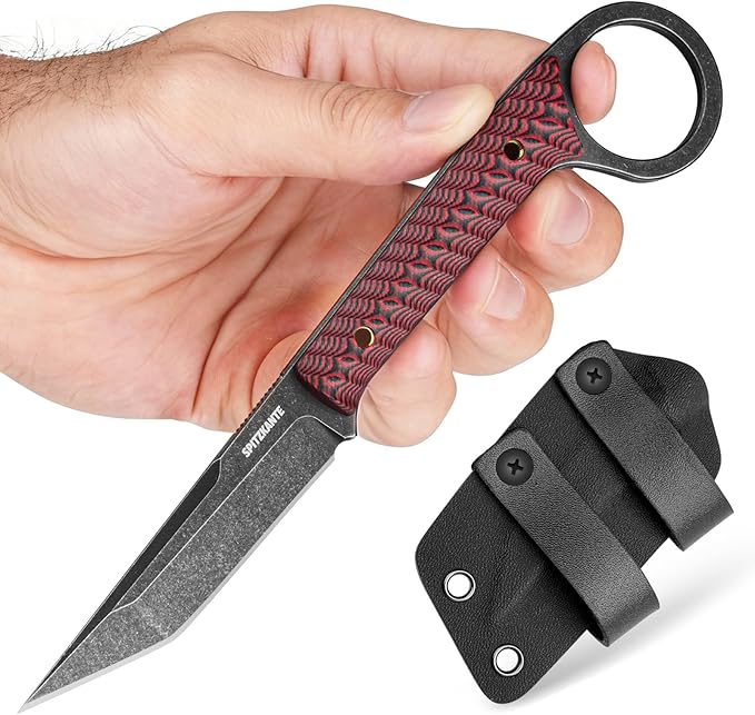 EDC Fixed Blade Knife with Finger Ring Full Tang Compact Knife with Sheath Red G10 Handle Horizontal &amp Vertical Carry Tactical Outdoor Survival Knife for Camping &amp Hunting