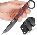 EDC Fixed Blade Knife with Finger Ring Full Tang Compact Knife with Sheath Red G10 Handle Horizontal &amp Vertical Carry Tactical Outdoor Survival Knife for Camping &amp Hunting