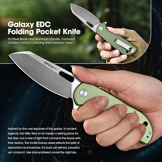 TONIFE Galaxy EDC Folding Pocket Knife with D2 Steel Blade and Aluminum Handle Compact Outdoor Tool for Camping and Everyday Carry (green)