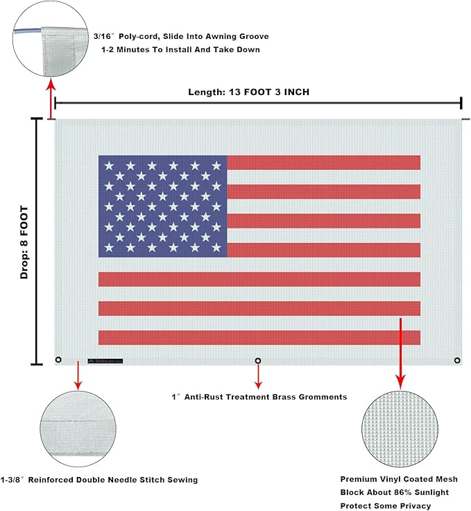 Tentproinc RV Awning Sun Shade Screen 8' X 13' 3'' (American Flag) Gray Mesh Sunshade Camper Trailer Awning Shade Screen UV Blocker Completed Kits