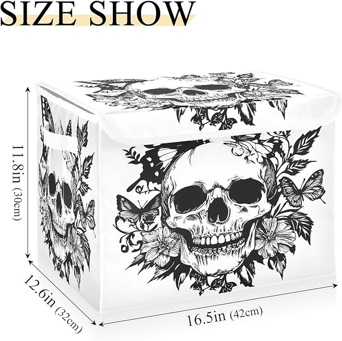 MNSRUU Containers Baskets with Lids Skull Butterfly Fabric Foldable Storage Bins Organizer with Lid Collapsible Storage Boxes for Home Bedroom Closet Office