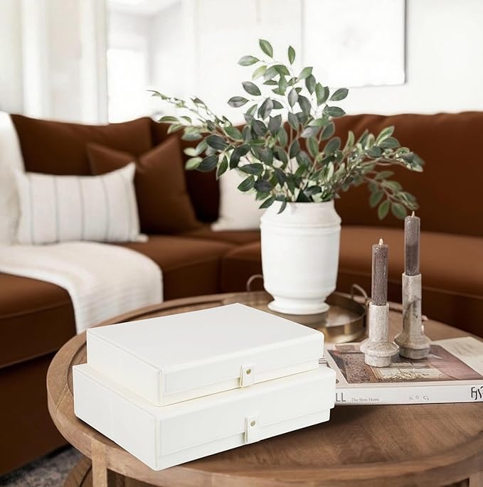 HofferRuffer Photo Storage Boxes with Dust-Proof Lid Set of 2 Faux Leather Lidded Storage Bins Photo Jewelry Scrapbooking Supplies Keepsake Organizer for Elegant Home &amp Office Decor (CreamWhi